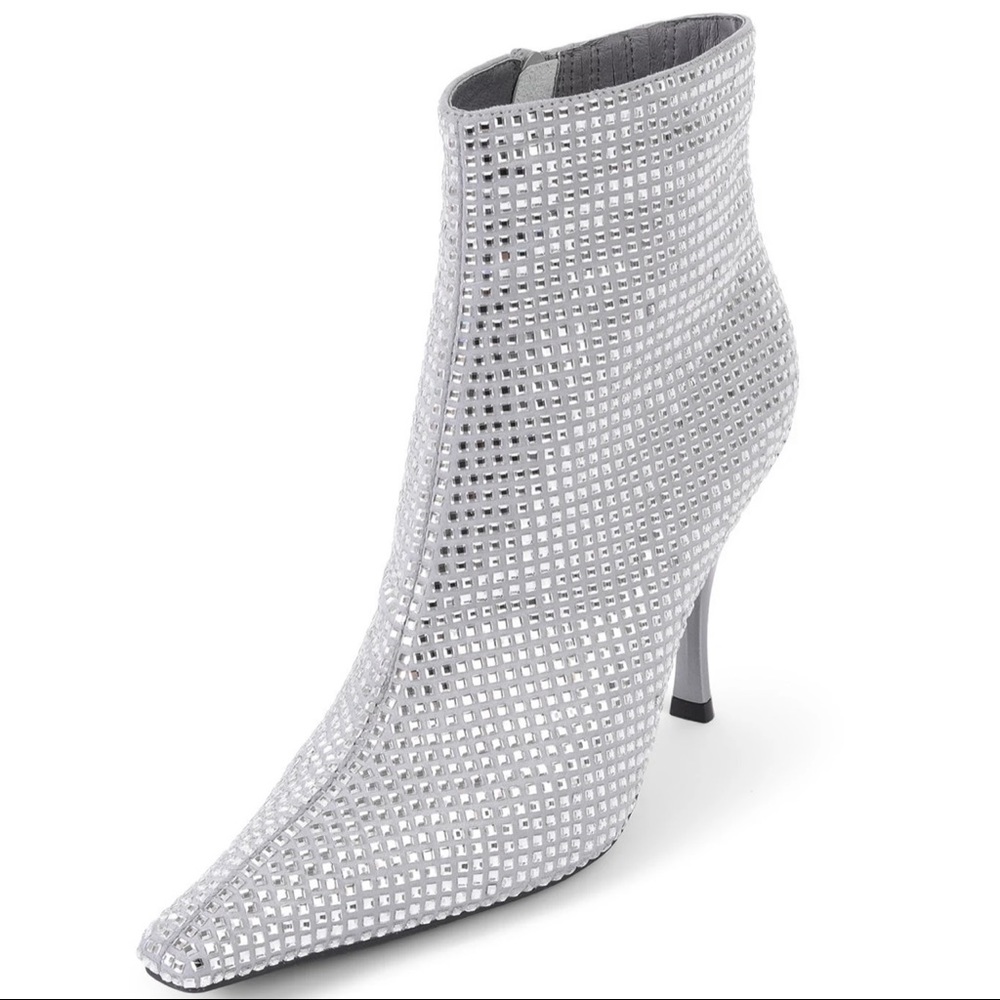 Jeffrey Campbell Glammed Bootie Side Zip Stiletto Rhinestone Silver Sz 6.5.